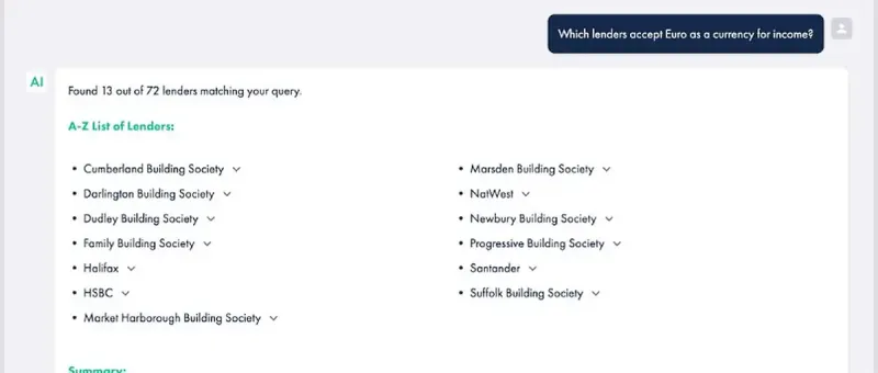 criterAI chat showing a lender criteria search for Euro income acceptance